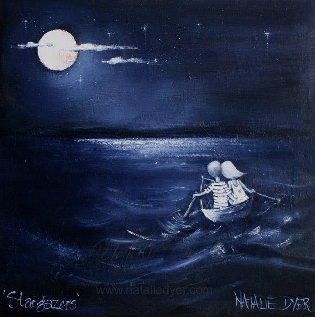 Stargazers, a limited edition fine art print by Natalie Dyer of a couple in a rowing boat under a full moon on the Noosa River, Whimsical series, Sunshine Coast Australia