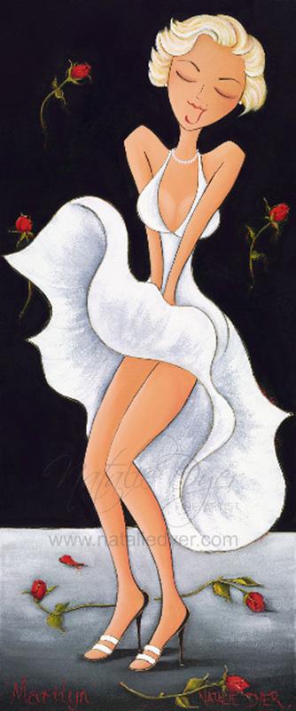 Marilyn, a limited edition fine art print by Natalie Dyer of Marilyn Monroe in the white halter dress with her skirt billowing, red roses on black, Women with Attitude series, Sunshine Coast Australia
