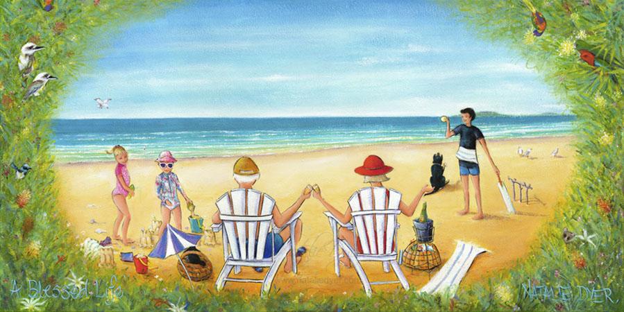 A Blessed Life, the second commissioned family portrait by Natalie Dyer for the Reddan family, grandparents toasting on the beach with their grandchildren, framed by tropical Australian birds