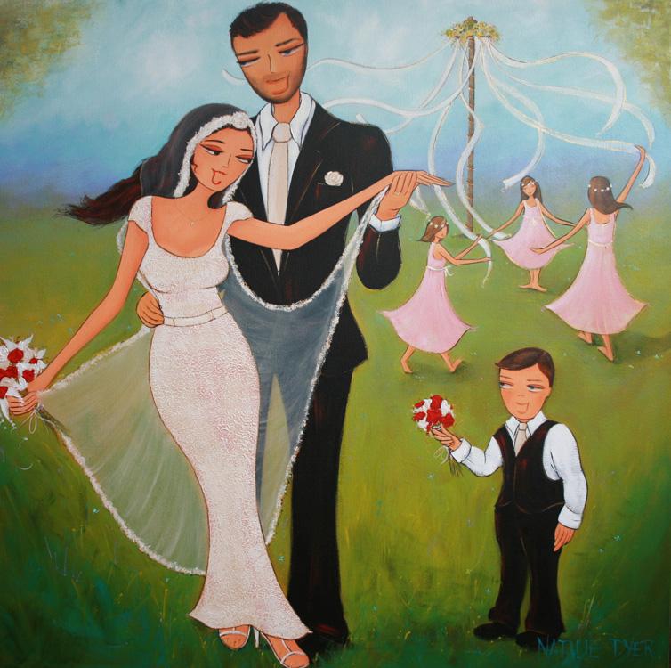 A Family Affair, a commissioned wedding painting by Natalie Dyer of a bride and groom with flower girls dancing around a maypole