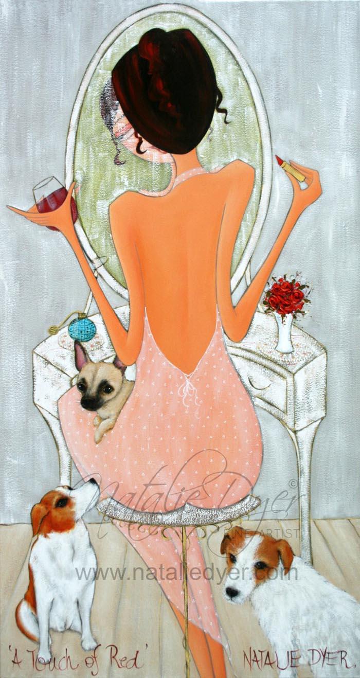 A Touch of Red, a commissioned painting by Natalie Dyer of a woman at her dressing table with her three dogs