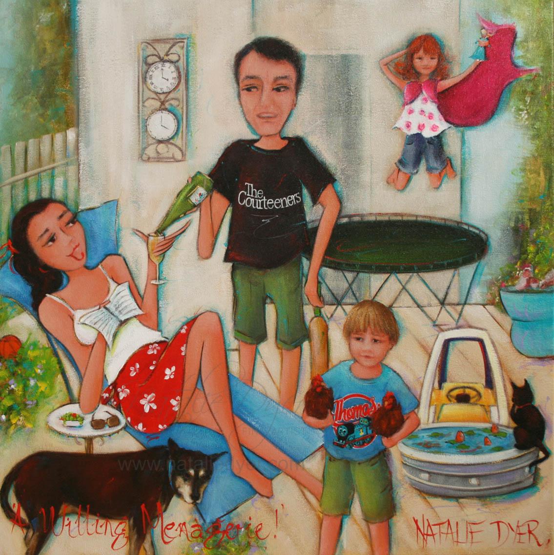 A Willing Menagerie, a commissioned family portrait by Natalie Dyer of the Willing family in their back yard with their dog, cat, goldfish and pet chooks
