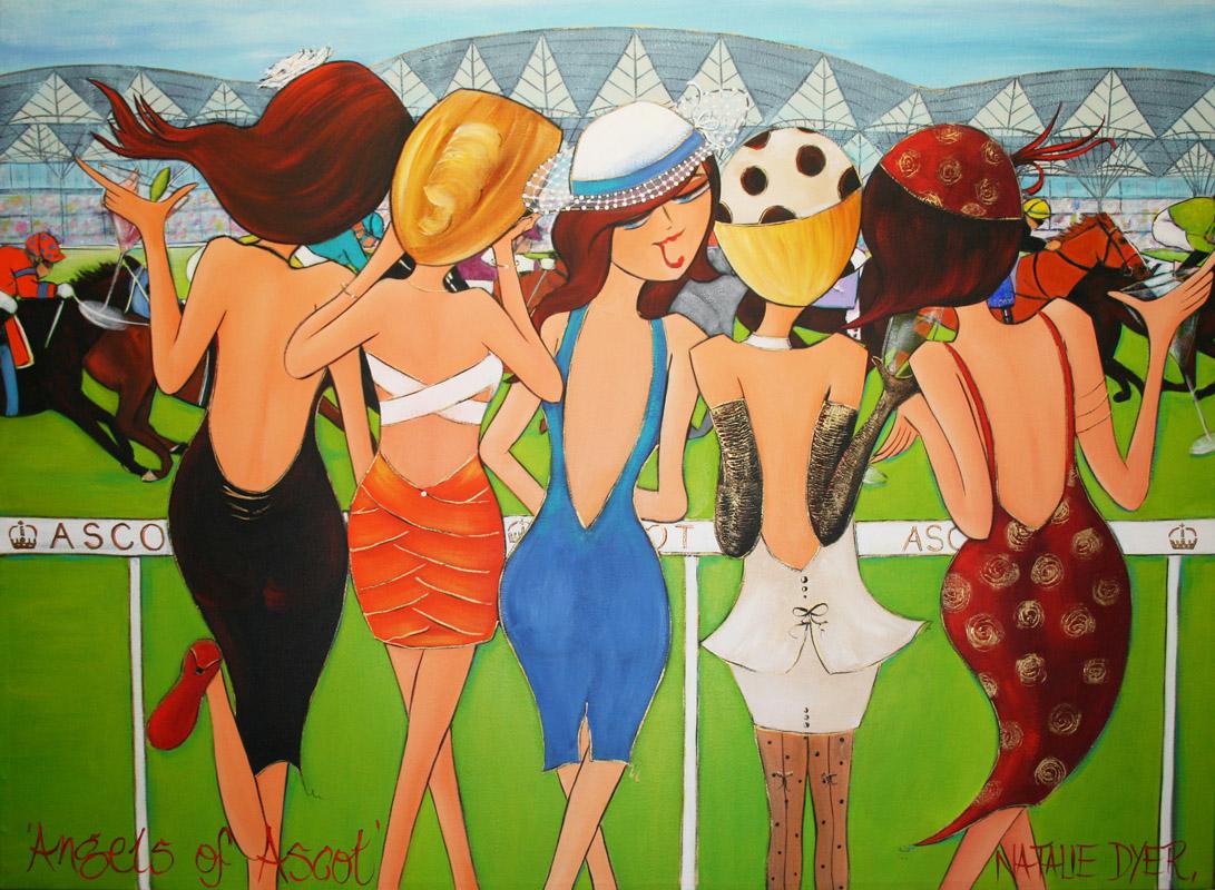 Angels of Ascot, the third painting by Natalie Dyer for the UK gallery, five women in hats at the rail on Ladies Day with the horses going past