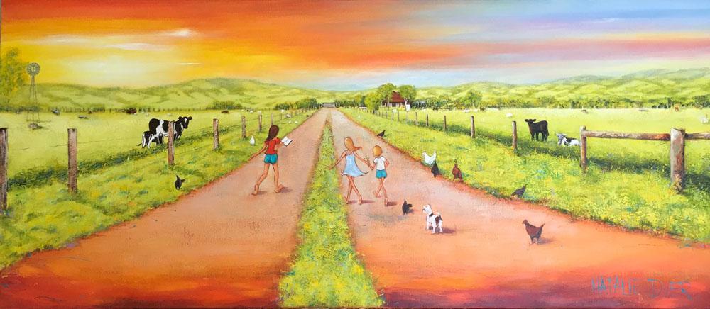 A commissioned painting by Natalie Dyer from her Country Bumpkins series, recreating the family property where the client grew up