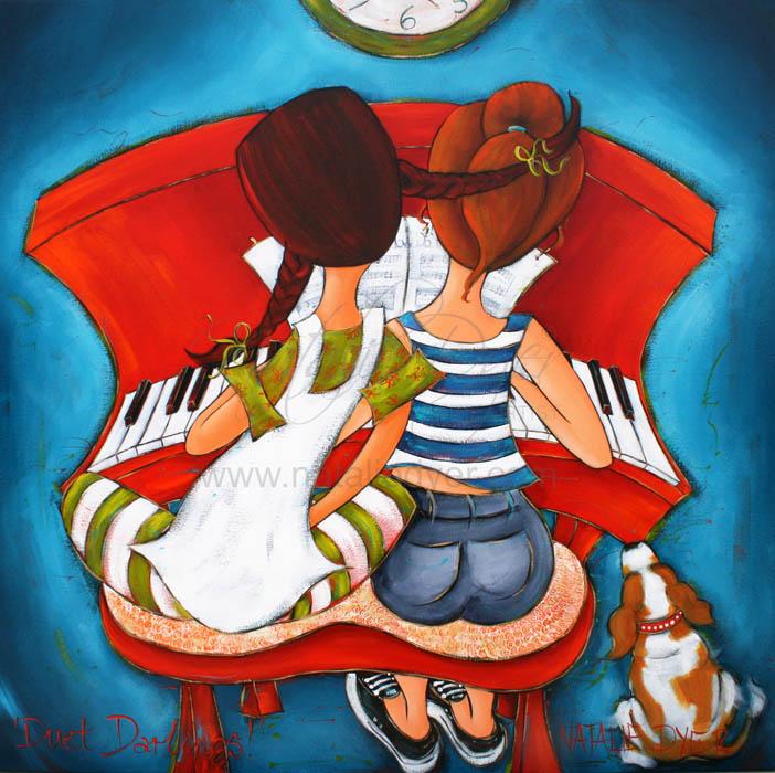 Duet Darlings, a commissioned painting by Natalie Dyer of two sisters playing piano together with their King Charles spaniel singing along
