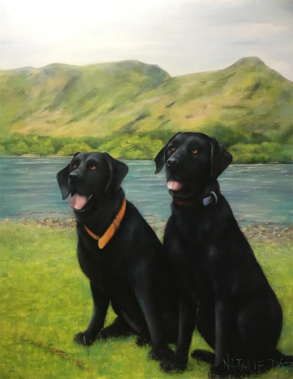 Ellie and Max, a large commissioned memorial pet portrait by Natalie Dyer of two black retrievers, painted for their family in the United Kingdom
