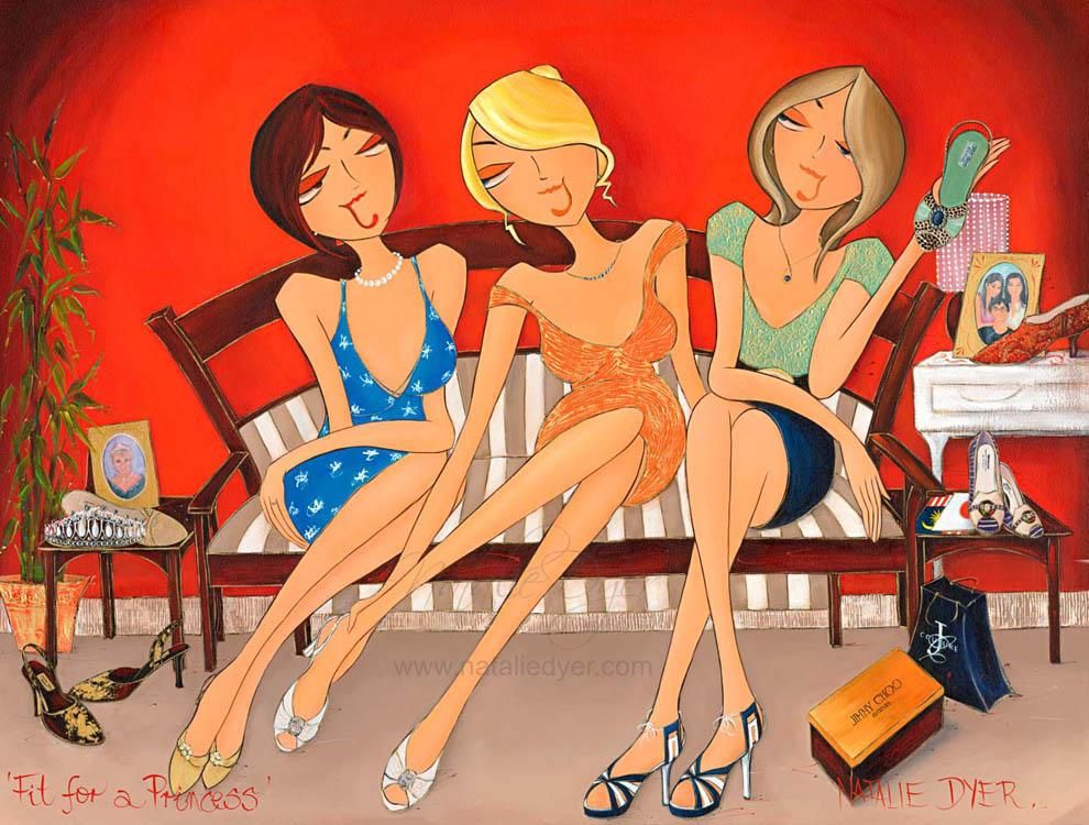 Fit for a Princess, a painting by Natalie Dyer commissioned for Jimmy Choo’s London studio, three women trying on his designer shoes with a portrait of Lady Diana and a tiara on the sideboard