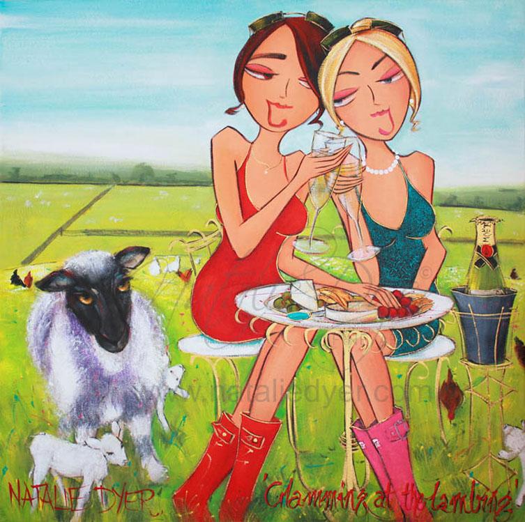 Glamming at the Lambing, a commissioned painting by Natalie Dyer of two glamorous friends in designer gumboots with champagne and a cheeseboard, out in the paddock at lambing season on a New Zealand sheep farm