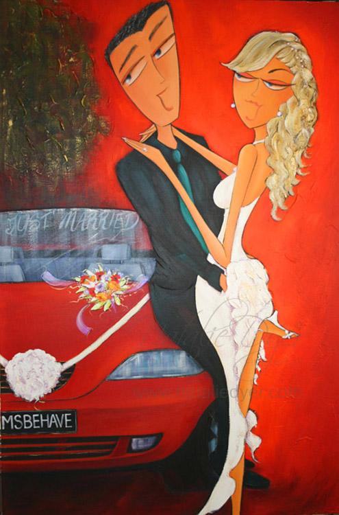 I Do, a commissioned wedding portrait by Natalie Dyer of a bride and groom beside their red sports car