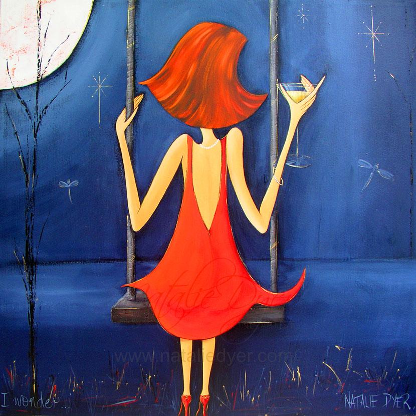 I Wonder, a commission painting by Natalie Dyer of a woman on a swing under a full moon on a deep blue night