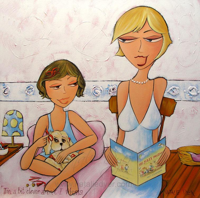 I’m a Bit Clever, Aren’t I Mama, a commissioned painting by Natalie Dyer of a mother and daughter reading a bedtime story with their puppy dressed in little bows