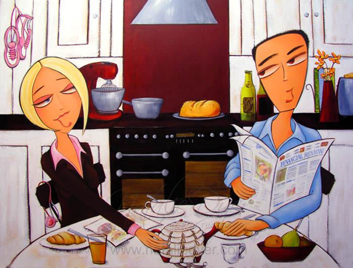 Legally Blonde, a commissioned kitchen portrait by Natalie Dyer of Simon and Meredith with a pink stethoscope, cookbooks and a lawyer's wig tea cosy