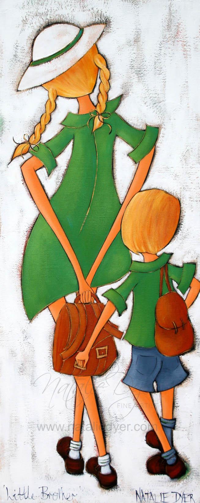 Little Brother, a commissioned painting by Natalie Dyer of a small boy in a green tree frog shirt, matching his sister at Somerville House