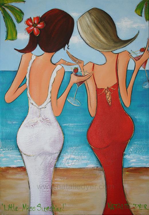 Little Miss Sunshine, a commissioned beach wedding painting by Natalie Dyer of a bride and her bridesmaid toasting by the sea