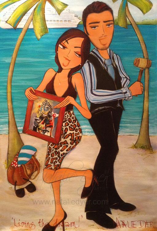 Living the Dream, a commissioned engagement and wedding present by Natalie Dyer for a couple who worked aboard Royal Caribbean cruise lines, with her favourite painting and his auctioneer’s gavel