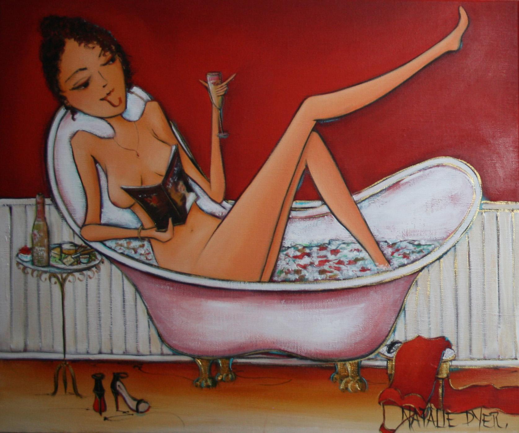 Love the Tub, a commissioned painting by Natalie Dyer of a woman reading in a clawfoot bath with champagne, her red soled heels on the floor