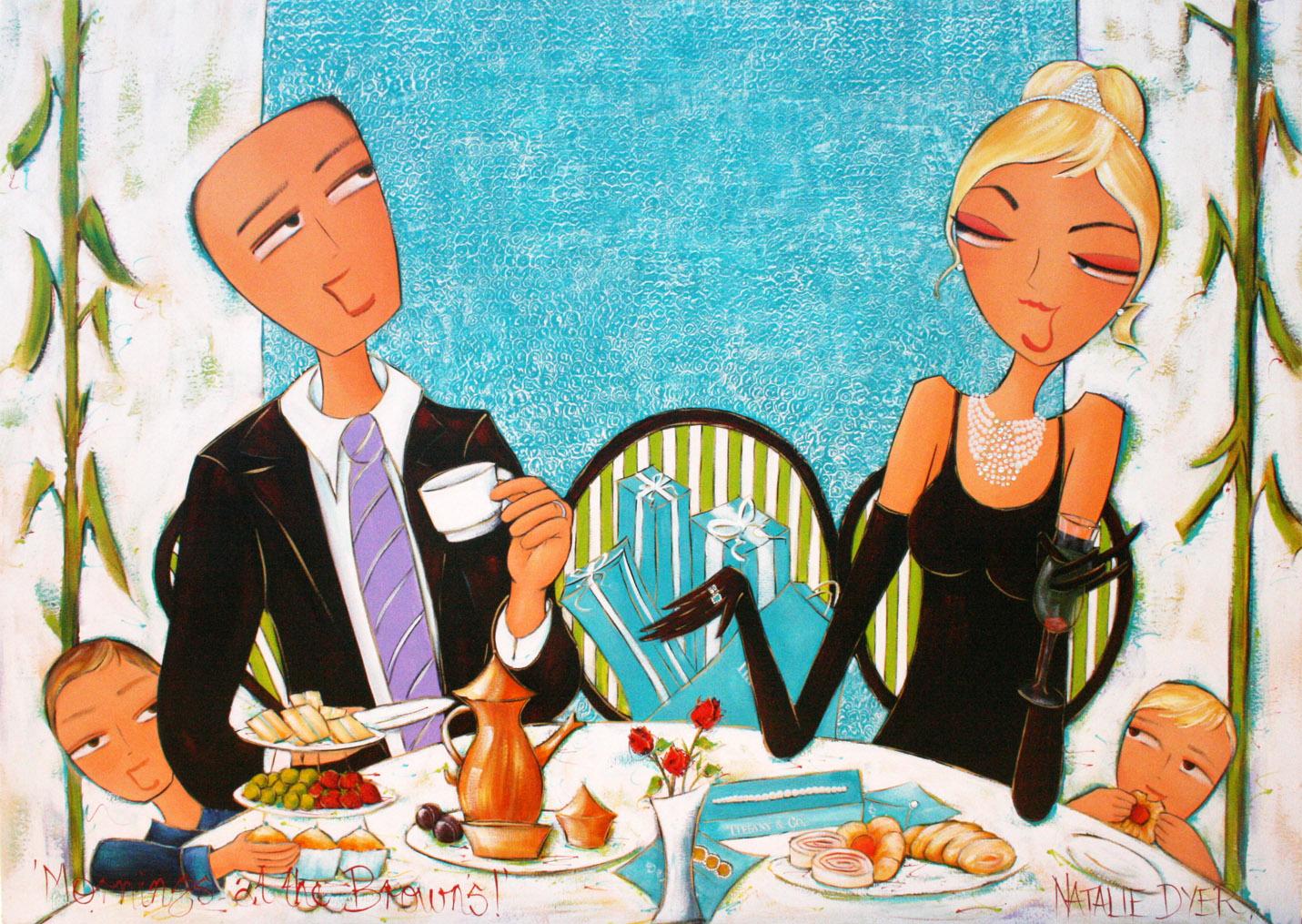 Mornings at the Browns, a commissioned family portrait by Natalie Dyer of the Brown family and their two boys at breakfast
