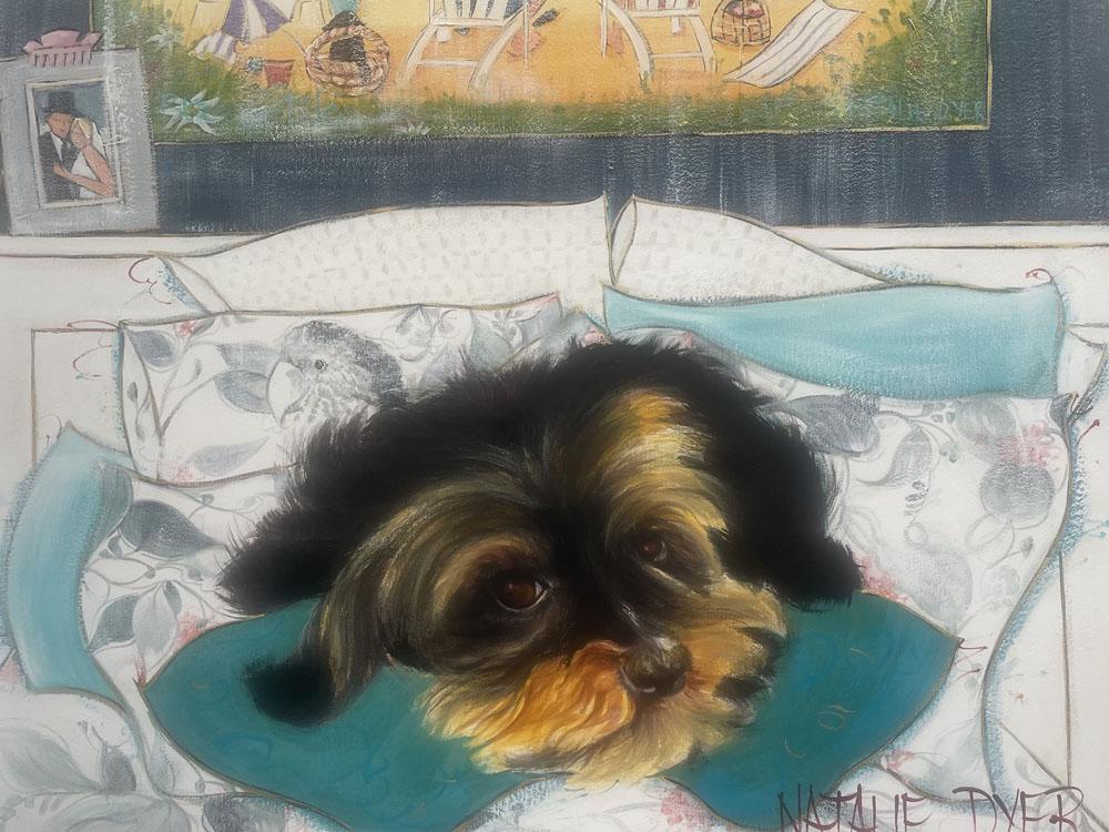 Bailey, a commissioned pet portrait by Natalie Dyer of a much loved little dog on his bed