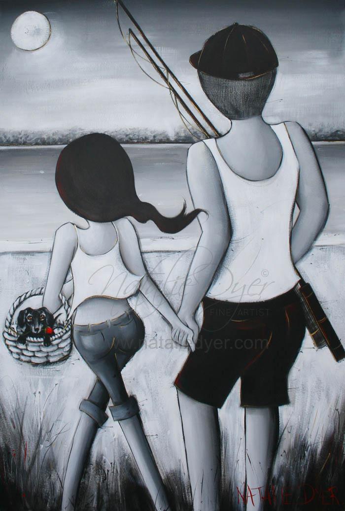 Puppy Love, a commissioned painting by Natalie Dyer of a young couple seen from behind walking down to fish on the Noosa river, with their new puppy in a basket