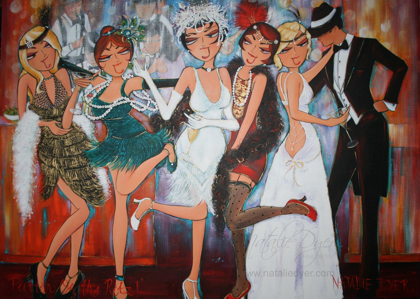 Puttin’ on the Ritz, a large commissioned painting by Natalie Dyer for a Great Gatsby night aboard a Royal Caribbean cruise liner, flappers in fringed dresses with Swarovski crystal and textured pearls