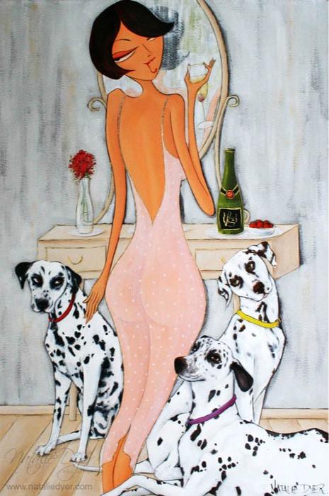 Simply Adorable, a commissioned pet portrait by Natalie Dyer of a dalmatian breeder with her three dalmatians, in soft colours for her room