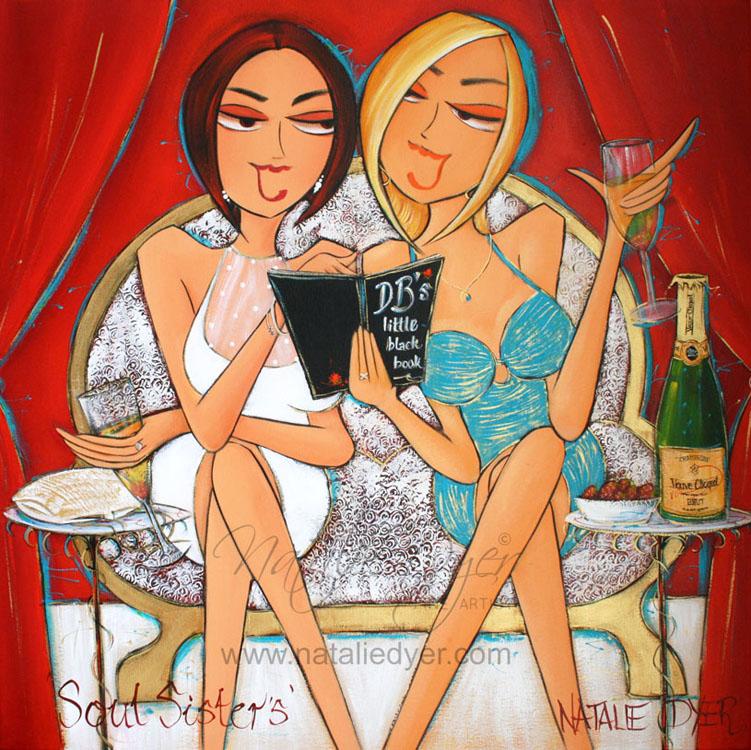 Soul Sisters, a commissioned painting by Natalie Dyer of the best of friends glammed up for a night out with their Veuve Clicquot