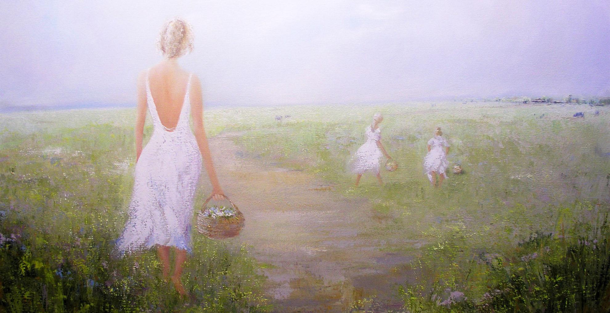 The Flower Pickers, a soft ethereal commissioned landscape painting by Natalie Dyer of a woman and children picking wildflowers in a field