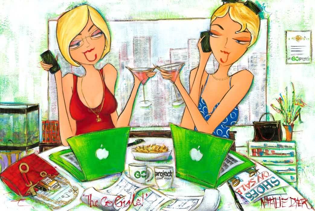 The Go Girls, a commissioned painting by Natalie Dyer of two best friends and business partners with their signature bright green Macs