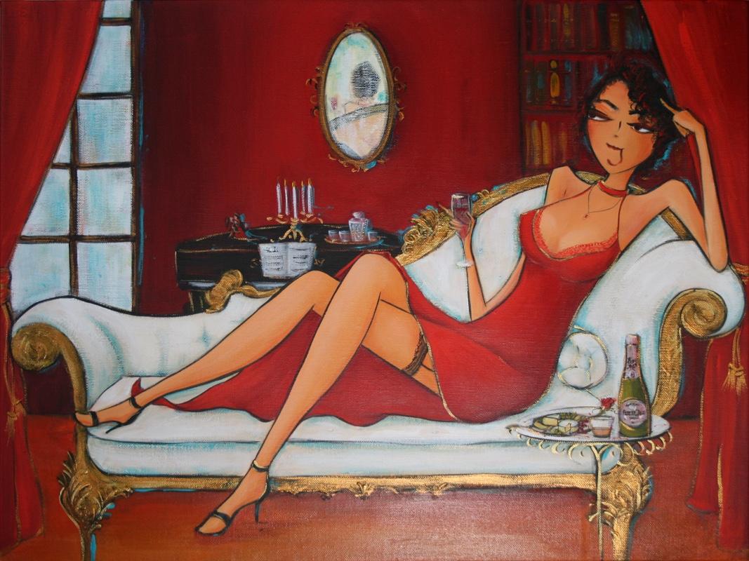The Lady of the House, a commissioned painting by Natalie Dyer of an elegant woman in a red slip on a chaise longue with champagne, a grand piano behind her