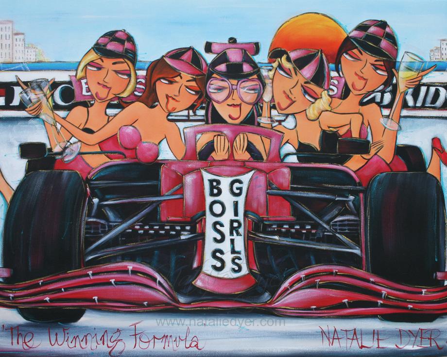 The Winning Formula, a painting by Natalie Dyer commissioned by a UK gallery, five women in racing helmets draped over a Formula One car with champagne