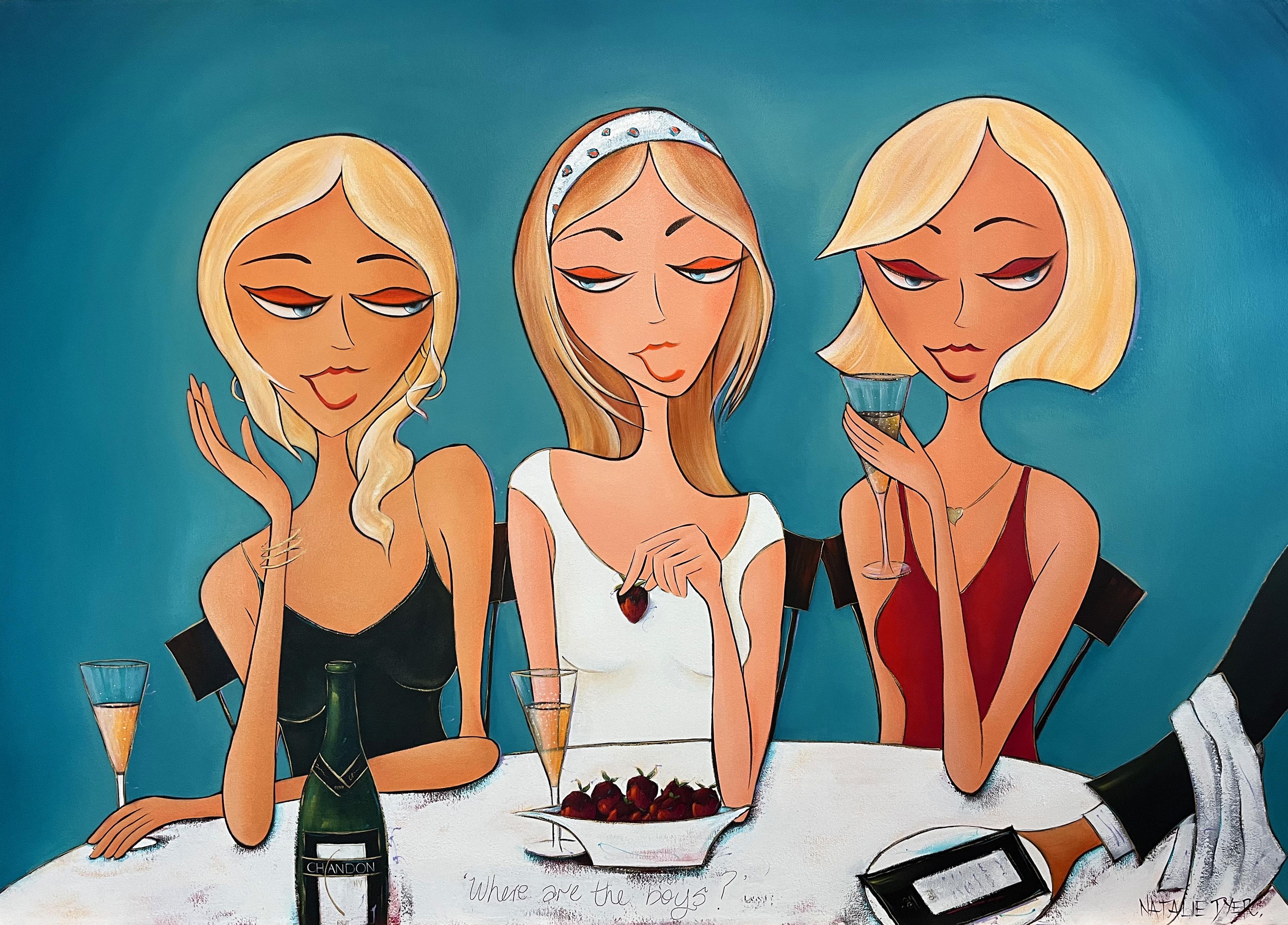 Where are the Boys, a commissioned painting by Natalie Dyer of three sisters at dinner with the waiter bringing the bill, repainted ten years later to suit the family’s redecorated home