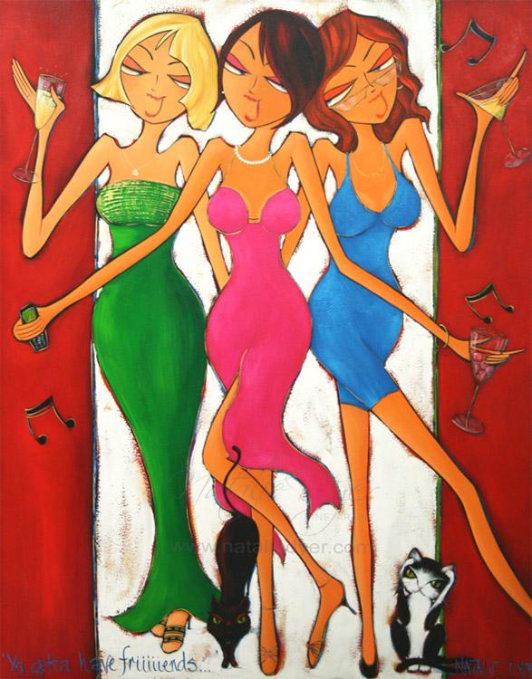 Ya Gotta Have Friends, a commissioned painting by Natalie Dyer of a woman with her friends and cats, a Barbra Streisand sing along and a few wines