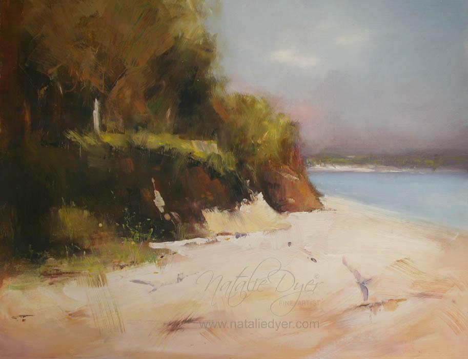 My Secret Spot, an original oil landscape painting by Natalie Dyer of a quiet sheltered cove, pale sand and a wooded headland, Sunshine Coast Australia
