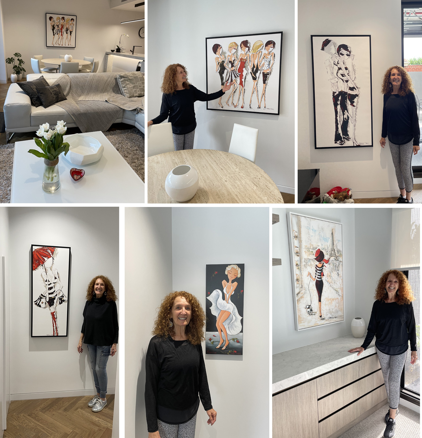 Ingrid at home with her collection of Natalie Dyer paintings, two commissions and several giclee prints